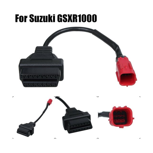 Kort adapterkabel til Suzuki-motorcykel med rødt 6-polet stik og sort 16-polet OBD2-stik