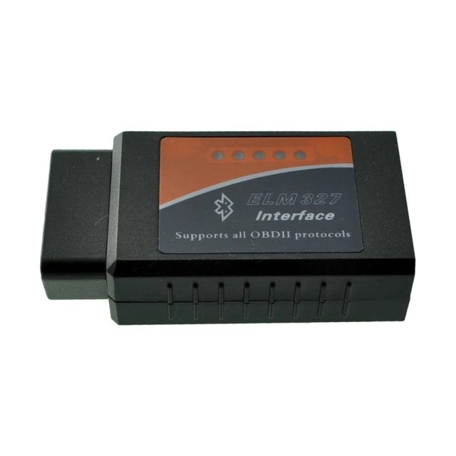 Sort ELM327 Bluetooth v1.5-adapter med orange etiket og 16-polet OBD2-stik