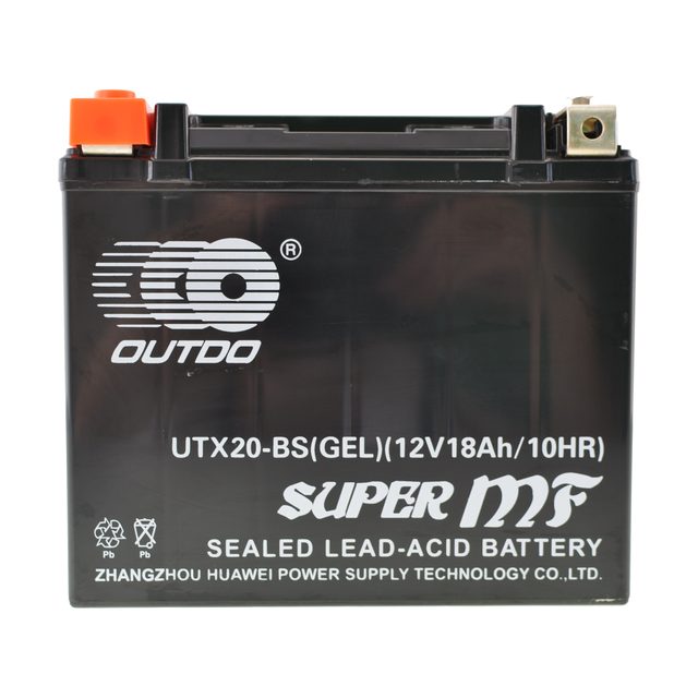 YTX20-BS-gelbatteri til motorcykel, YTX20-BS-motorcykelbatteri set forfra med begge poler