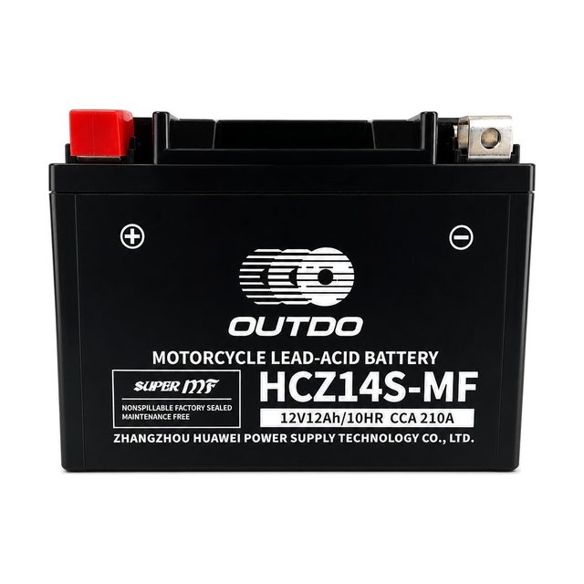 OUTDO HCZ14S-MF, YTZ14S-motorcykelbatteri set forfra med begge poler
