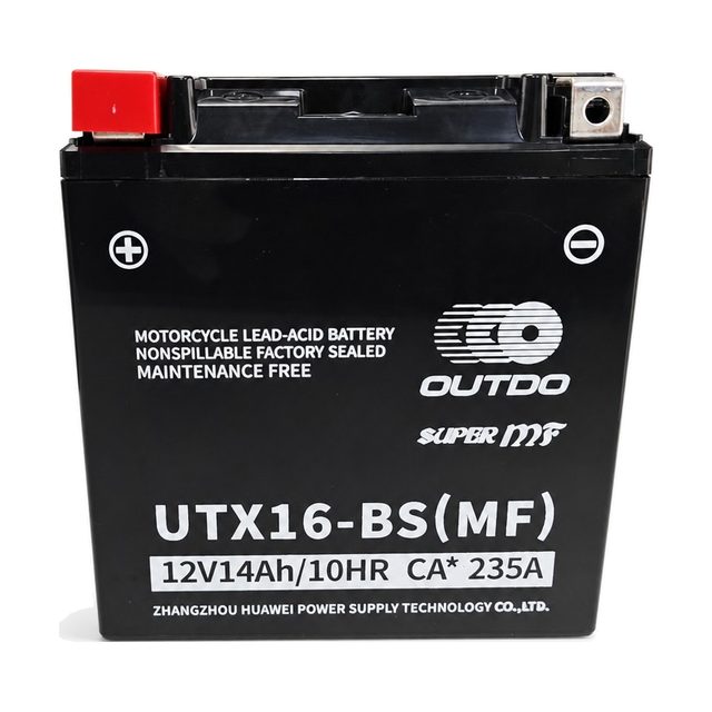 OUTDO UTX16-BS, YTX16-BS-motorcykelbatteri set forfra med begge poler