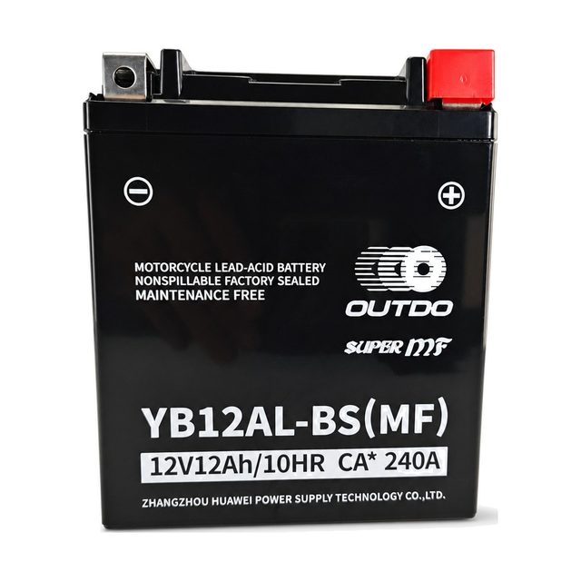 OUTDO YB12AL-BS, YB12AL-A2-motorcykelbatteri set forfra med begge poler
