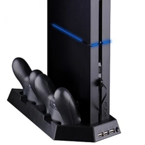 4-i-1 Lodret PS4-stand med blæser, USB-hub og oplader til 2 controllere