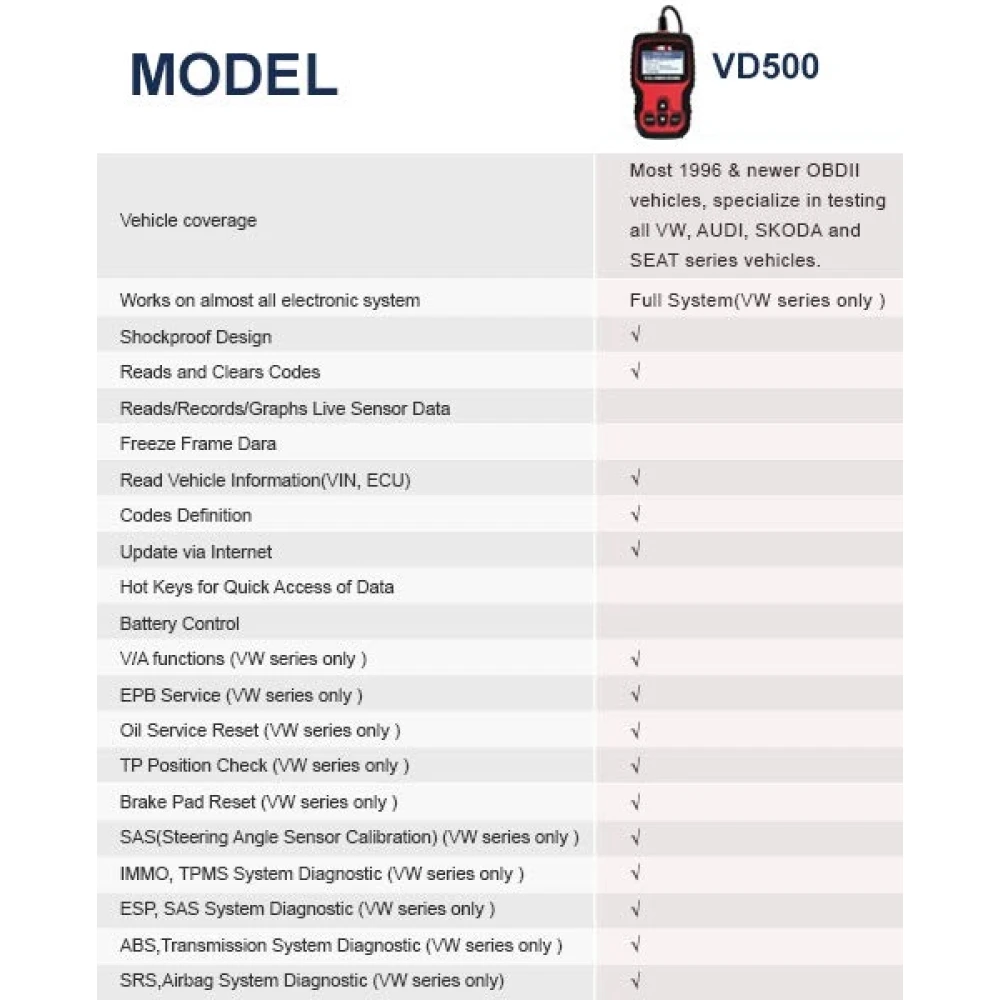 Ancel VD500 OBD2 til VW, Audi, Seat og Skoda - fejlkodelæser