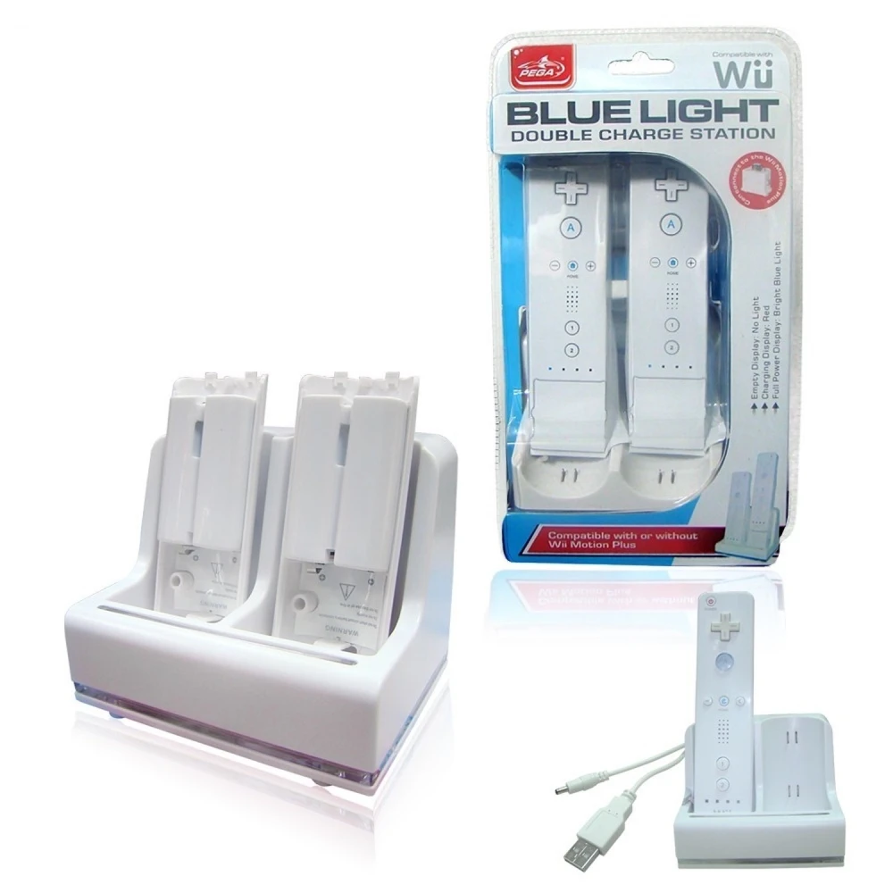 Wii Remote opladningsbase til 2 controllere med genopladeligt batteri og dobbelt station