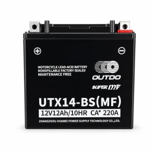 Motorcykelbatteri AGM 12V 12Ah OUTDO UTX14-BS(MF) - Kompatibel Yuasa YTX14-BS / GTX14-BS / ETX14-BS