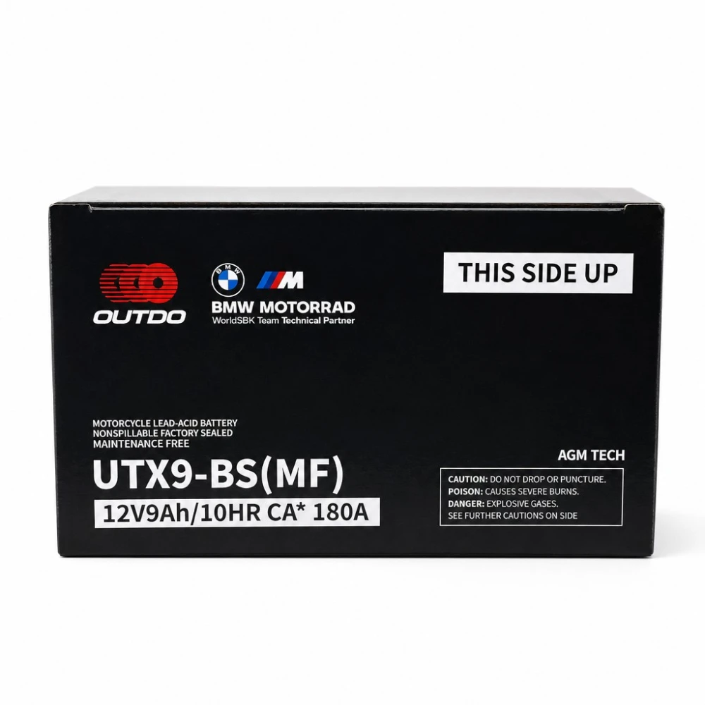 Motorcykelbatteri AGM 12V 9Ah OUTDO UTX9-BS(MF) - Kompatibel Yuasa YTX9-BS / GTX9-BS / ETX9-BS