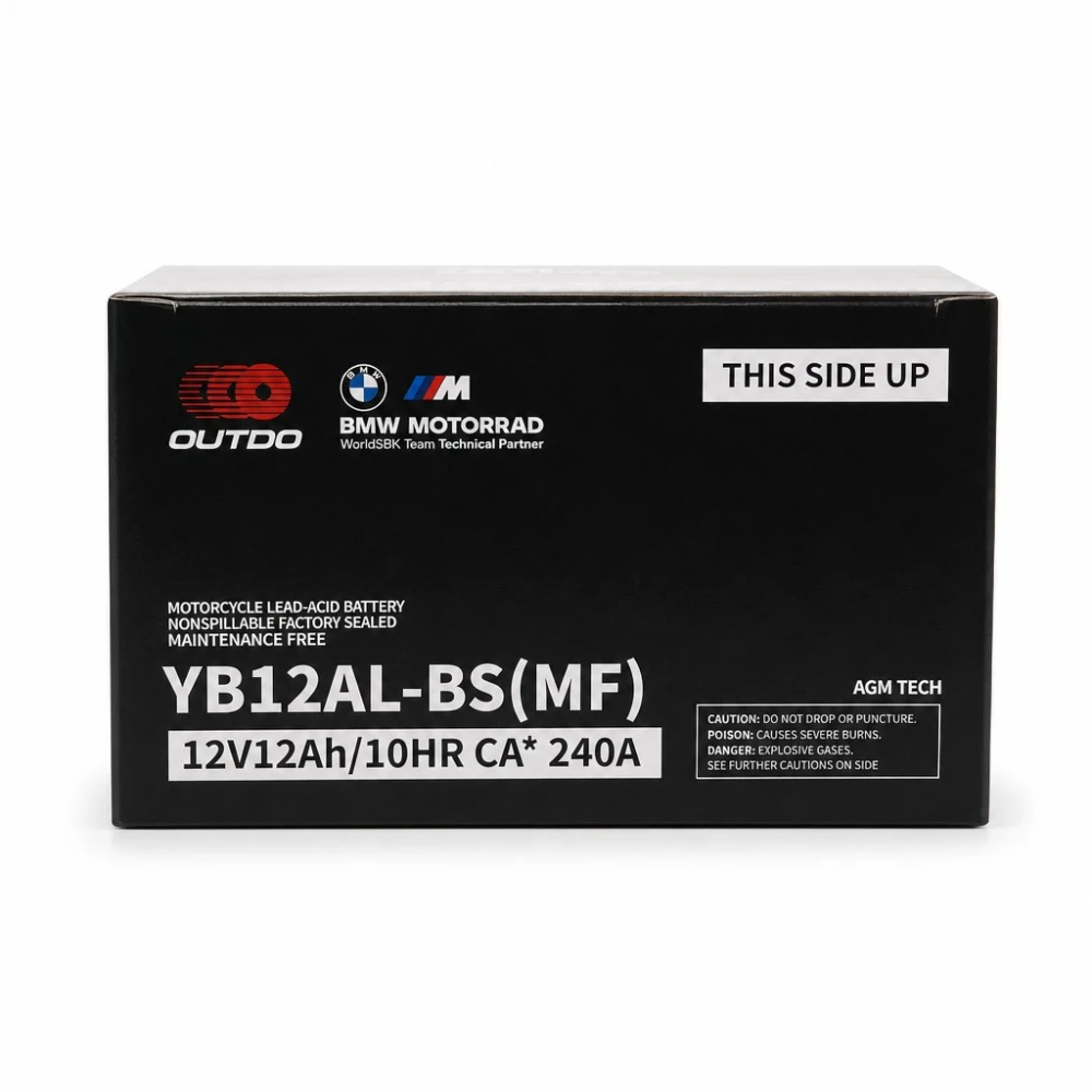 Motorcykelbatteri AGM 12V 12Ah OUTDO YB12AL-BS(MF) - Kompatibel Yuasa YB12AL-A2 / GS YB12AL-A2 / 12N12-4A-1 (flooded tilsvarende)