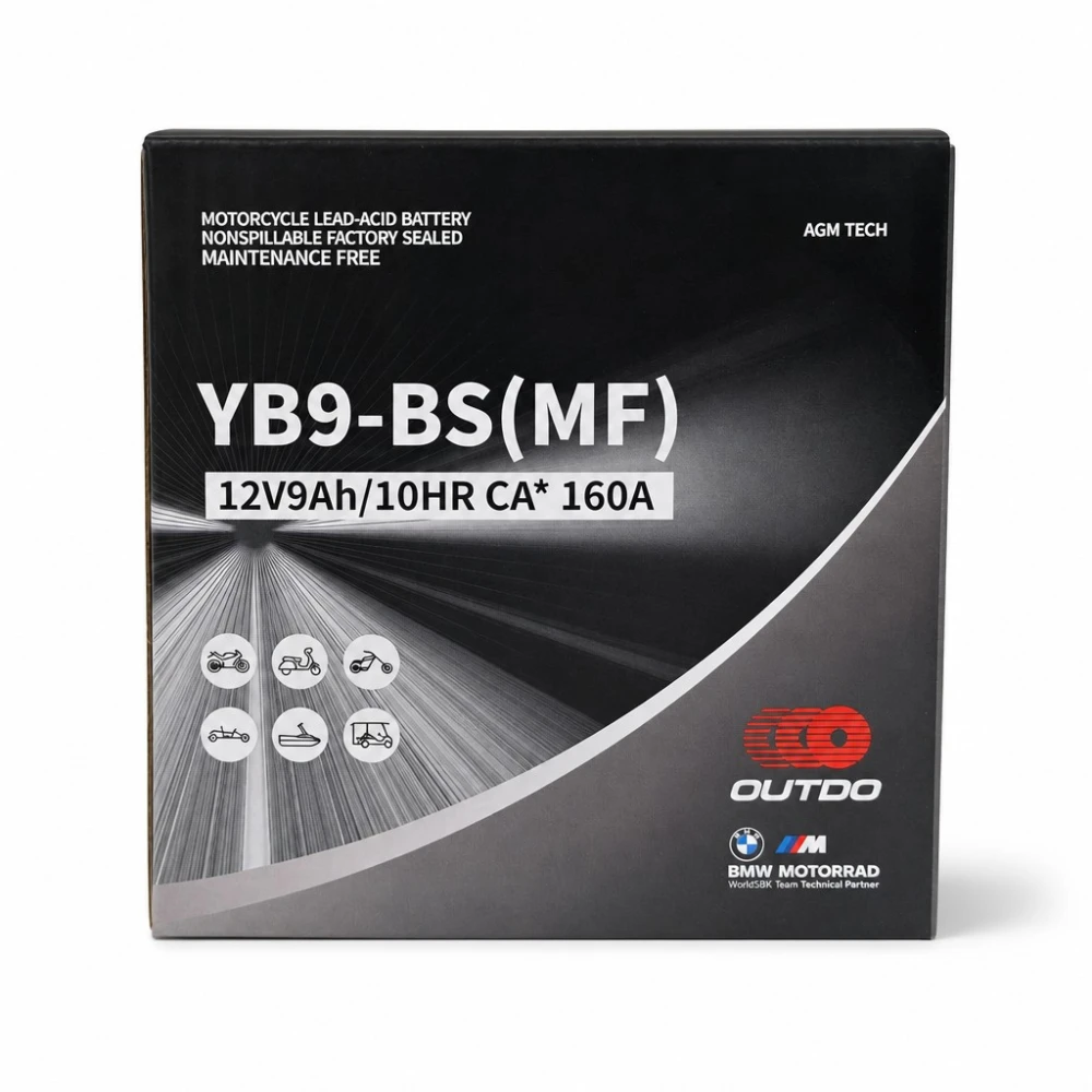 Motorcykelbatteri AGM 12V 9Ah OUTDO YB9-BS(MF) - Kompatibel Yuasa YB9-B / GS GM9Z-3B-1 / GS YB9-B / 12N9-4B-1 (flooded)