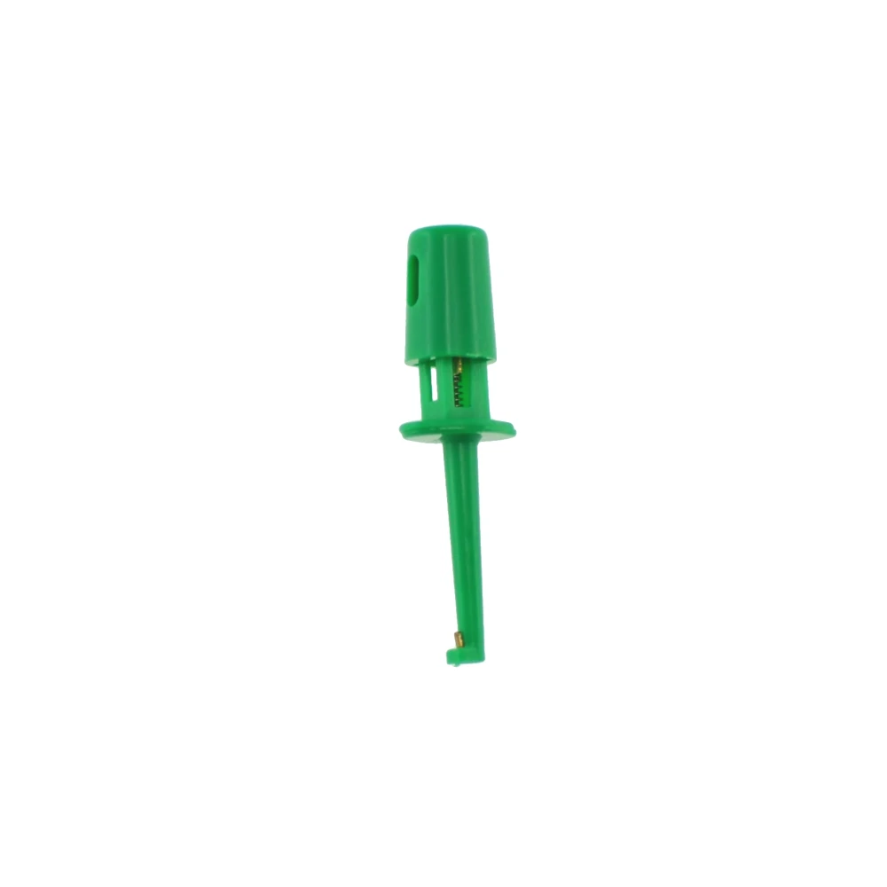 Detalle del clip de conexión verde para cable de prueba con gancho simple