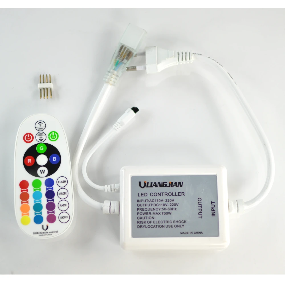 RGB LED-strip controller 220V med dimmer og IR-fjernbetjening med 24 knapper