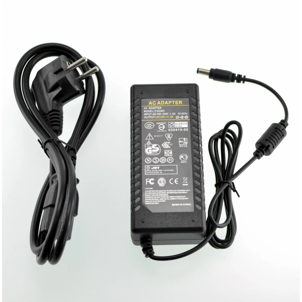 24V 3A strømforsyning med 5,5mm stik til LED-strips og LCD-skærme
