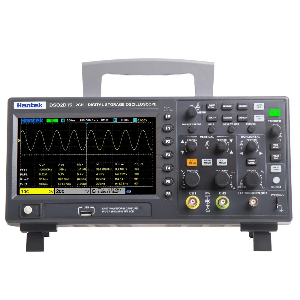 Hantek DSO2D15 digitalt oscilloskop 2 kanaler 150 MHz med funktionsgenerator