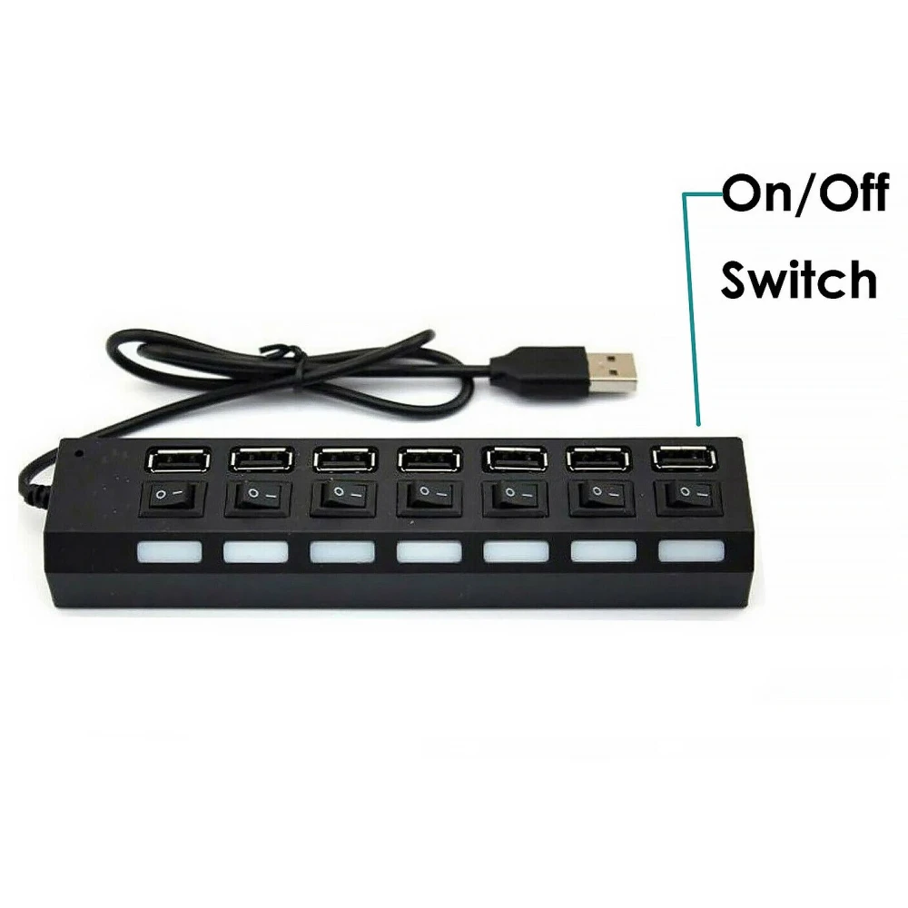 USB 2.0 hub med 7 porte og strømforsyning, sort