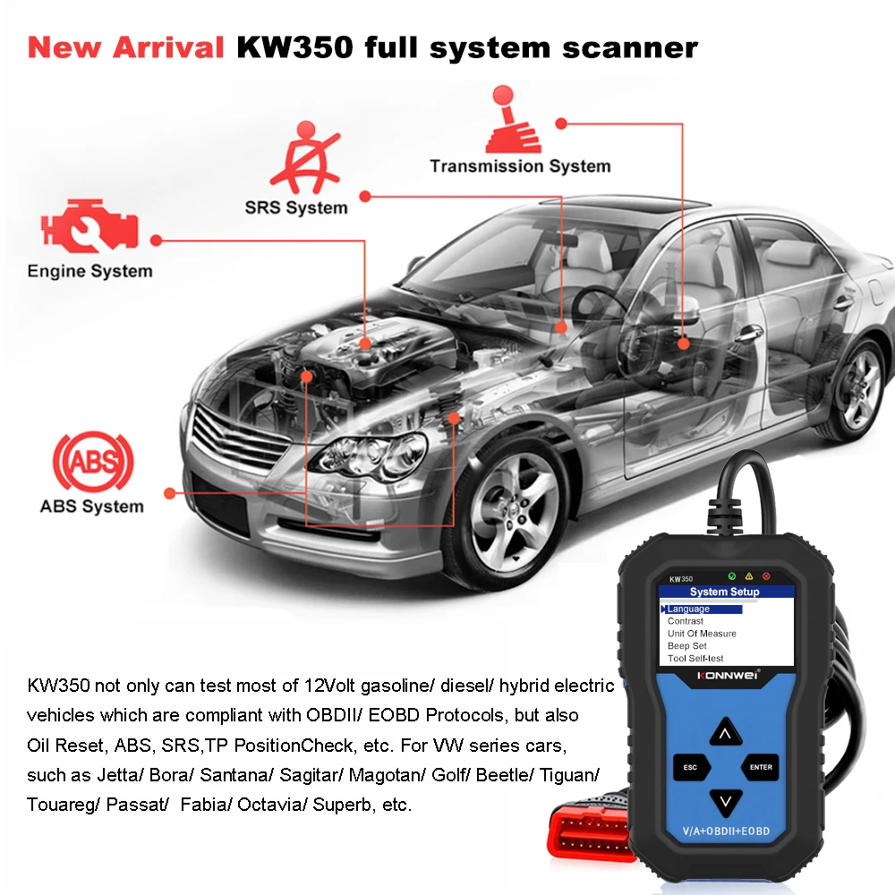 Konnwei KW350 diagnoseværktøj til fuldt system for VW Audi Seat Skoda