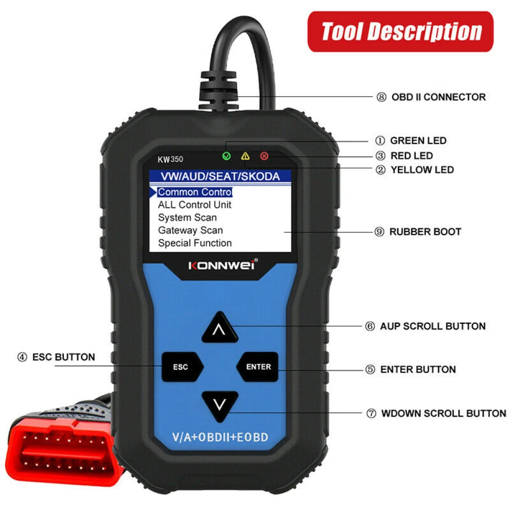 Konnwei KW350 diagnoseværktøj til fuldt system for VW Audi Seat Skoda