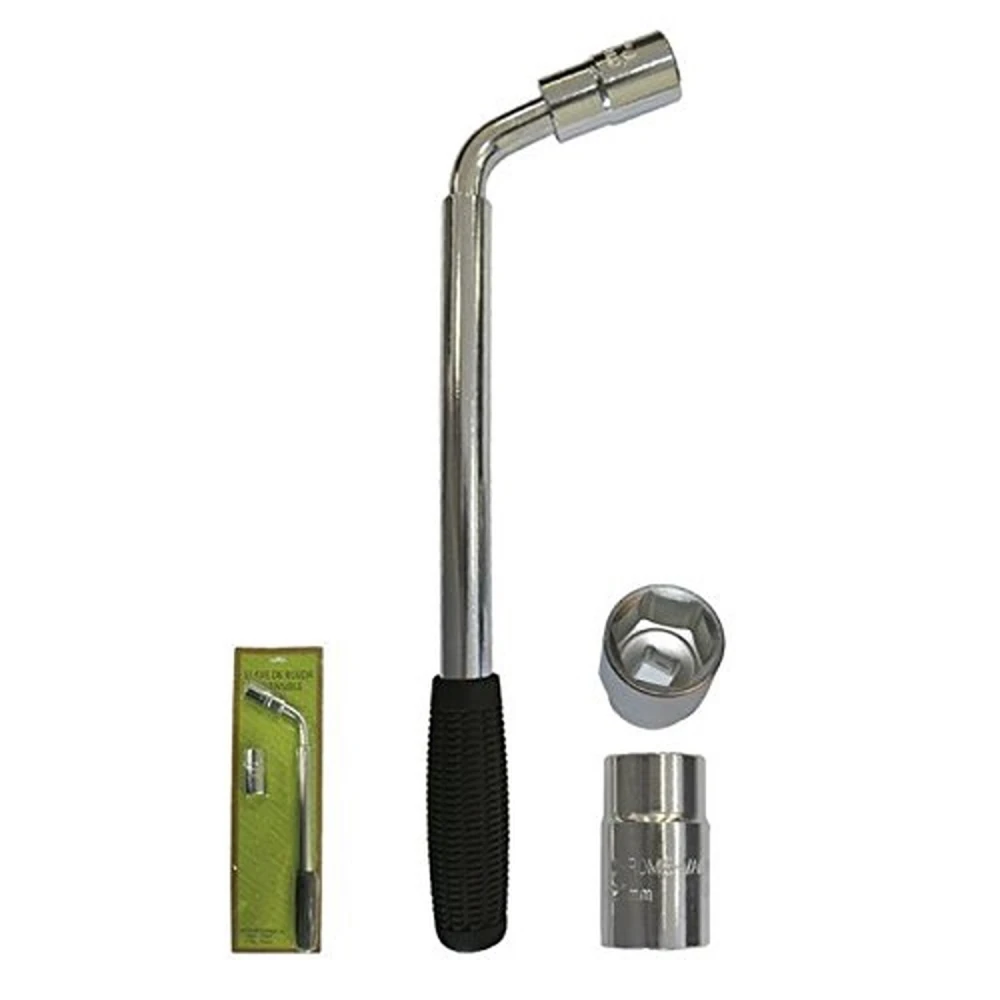 Llave telescópica extensible para ruedas de coche con vasos reversibles desplegada