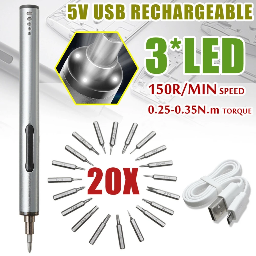 Mini elektrisk skruetrækker trådløs USB genopladelig 3 LED 22-i-1 sæt
