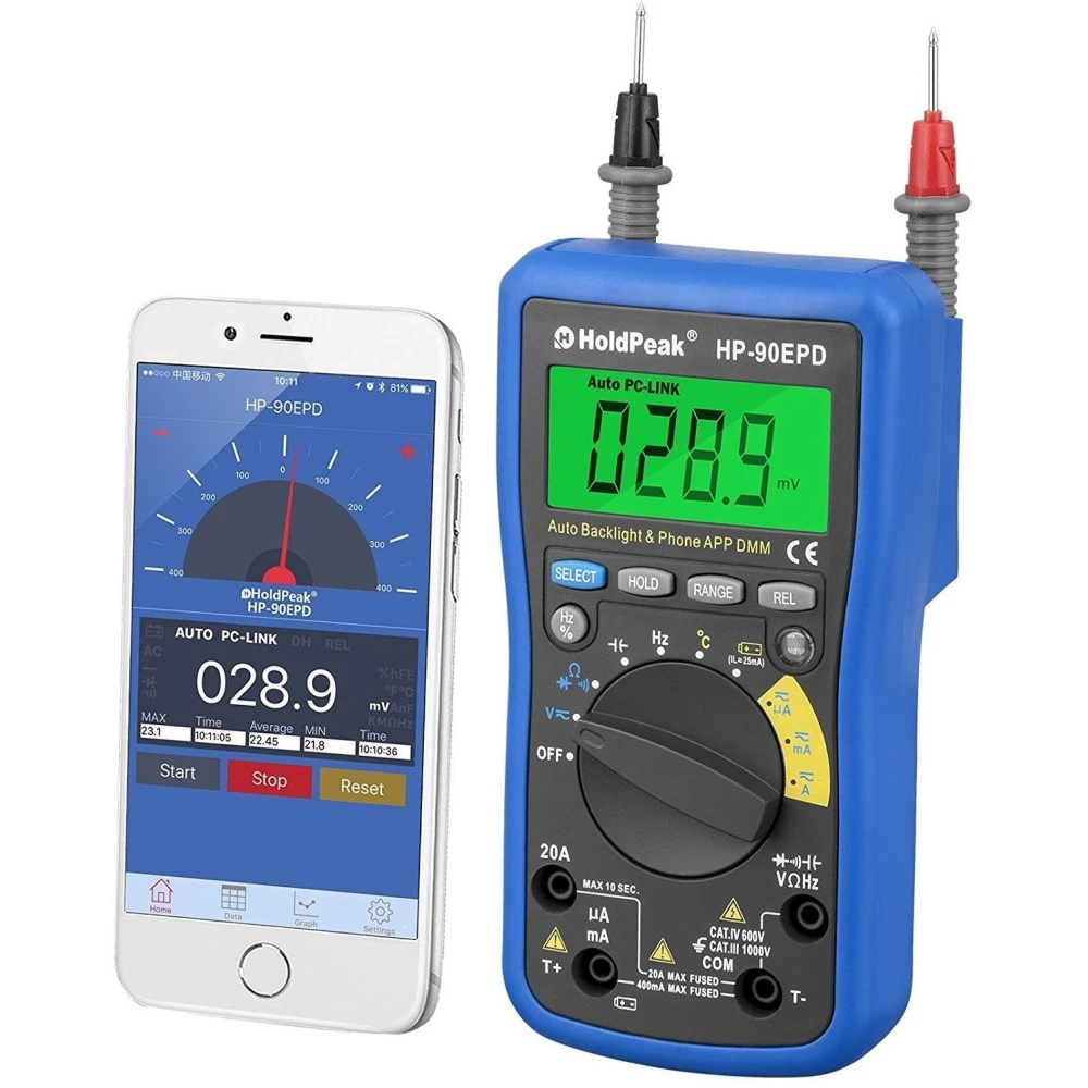 Digitalt multimeter HoldPeak HP-90EPD med mobilapp og auto range