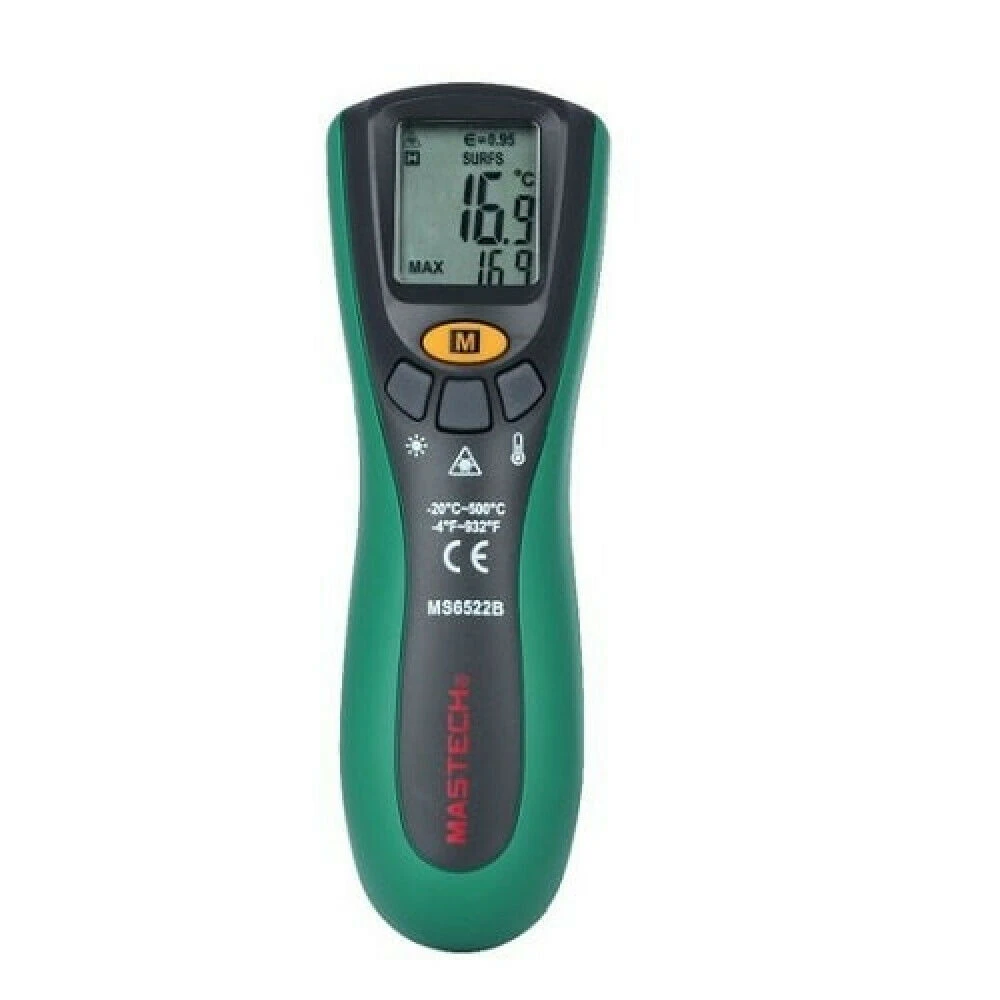 Vista frontal del termometro infrarrojos Mastech MS6522B con luz de fondo verde